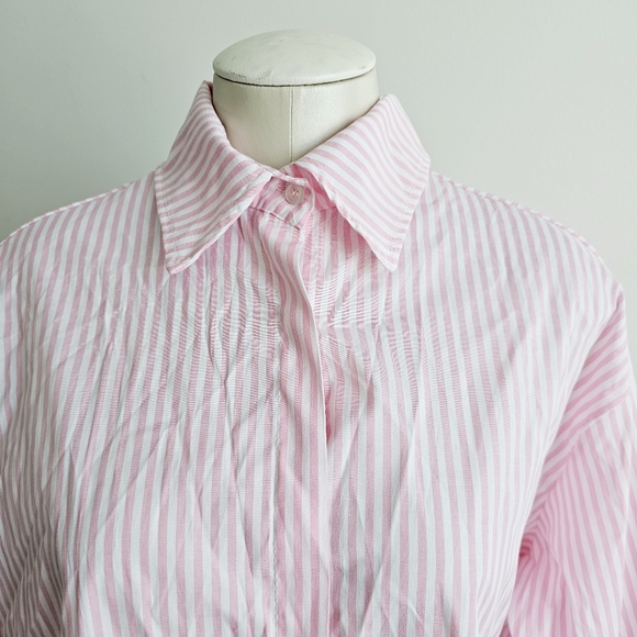 Italian 100% Cotton By Coco Pink White Striped Ruffle Button Up Shirt Size L/XXL - Picture 4 of 15